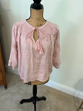 Magaschoni Pale Pink Embroidered Peasant Blouse with Tassel Tie